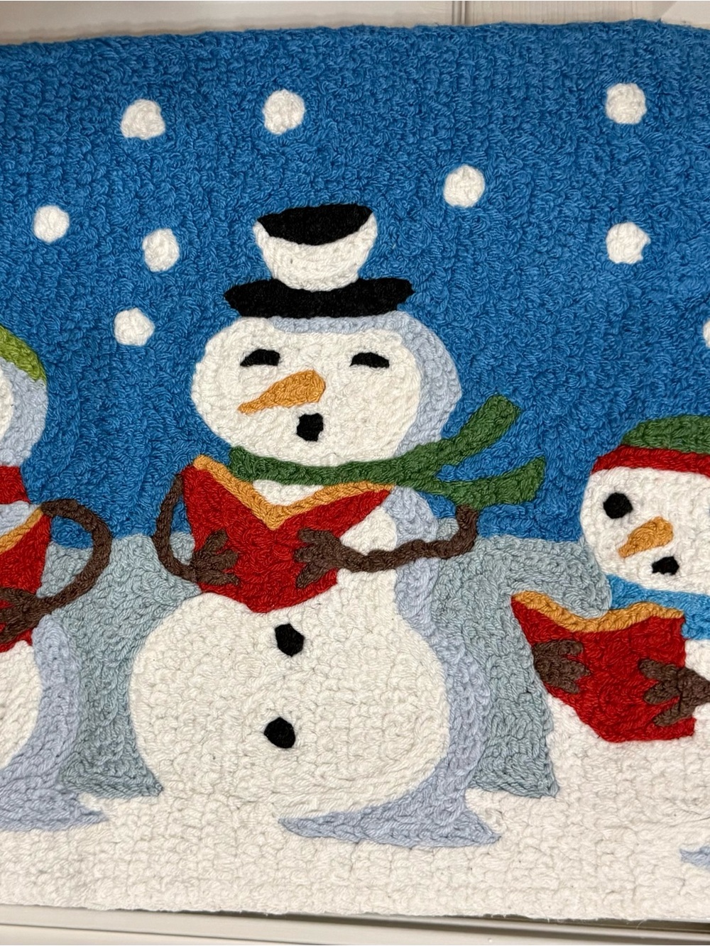 Festive Snowman Carolers Hooked Door Mat - Blue and White